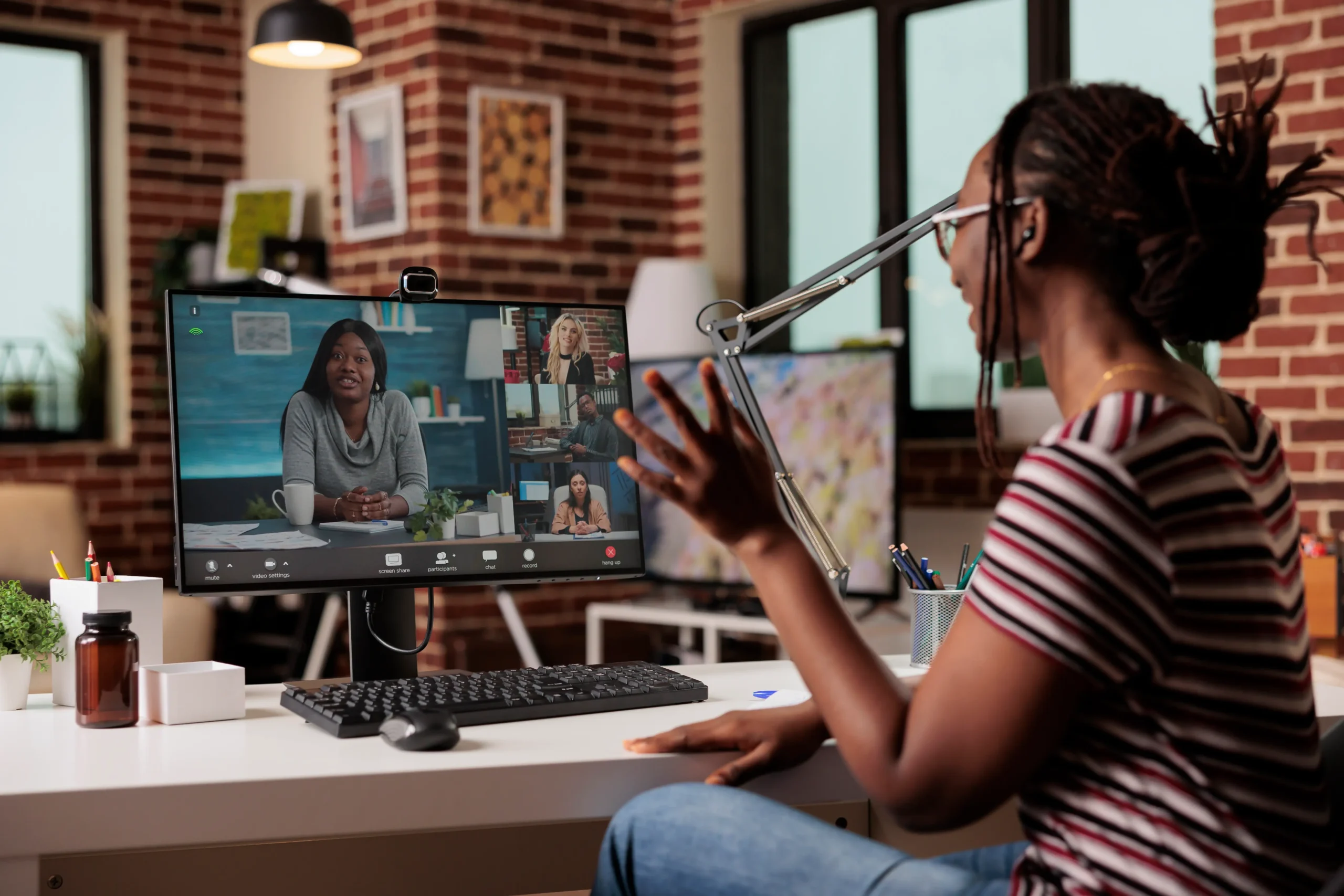 employee-chatting-with-remote-team-video-call-freelancer-working-from-home-attending-videoconference-woman-talking-virtual-meeting-telework-online-brainstorming-teamwork-concept